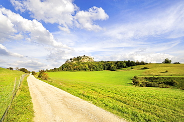 Trail from the west towards the fortress ruins of Hohentwiel, an extinct volcano in the Hegau region, district of Konstanz, Baden-Wuerttemberg, Germany, Europe