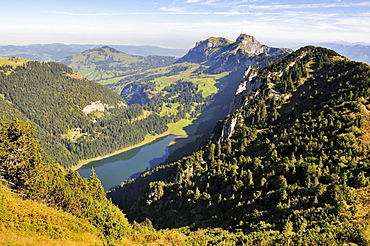 View from Mt. Stauberen down to Lake Saemtisersee, Mt. Hoher Kasten on the horizon, Canton Appenzell-Innerrhoden, Switzerland, Europe