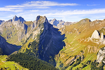 View from Mt. Furgglenfirst on Mt. Altman and Mt. Saentis in the Appenzell Alps, Canton Appenzell-Innerrhoden, Switzerland, Europe