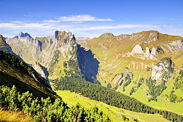 View from Mt. Furgglenfirst down to Faelenalp in the Appenzell Alps, Canton Appenzell-Innerrhoden, Switzerland, Europe