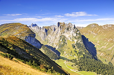 View from Mt. Furgglenfirst down to Faelenalp in the Appenzell Alps, Canton Appenzell-Innerrhoden, Switzerland, Europe