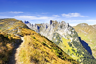 The geological hiking trail on Mt. Furgglenfirst from Mt. Stauberen to the Saxer Luecke pass in the Appenzell Alps, Canton Appenzell-Innerrhoden, Switzerland, Europe