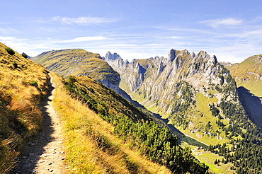 The geological hiking trail on Mt. Furgglenfirst from Mt. Stauberen to the Saxer Luecke pass in the Appenzell Alps, Canton Appenzell-Innerrhoden, Switzerland, Europe