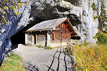 Reconstructed hermitage at the entrance of the prehistoric Baerenhoehle cave, Wildkirchli caves, Canton Appenzell-Innerrhoden, Switzerland, Europe