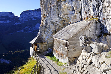 Safe trail path along the cliff of the Ebenalp between the Wildkirchli caves and Aescher mountain restaurant, Canton Appenzell-Innerrhoden, Switzerland, Europe