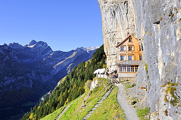 The Aescher mountain restaurant near the Wildkirchli caves below the Ebenalp cliff, Canton Appenzell Inner Rhodes, Switzerland, Europe