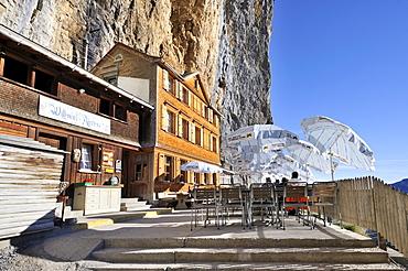 The Aescher mountain restaurant near the Wildkirchli caves below the Ebenalp cliff, Canton Appenzell Inner Rhodes, Switzerland, Europe