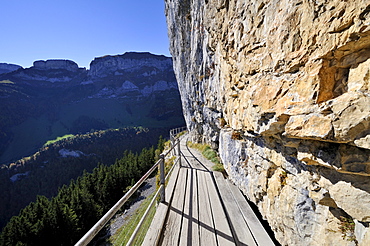 Safe trail path along the cliff of the Ebenalp between the Wildkirchli caves and Aescher mountain restaurant, Canton Appenzell-Innerrhoden, Switzerland, Europe