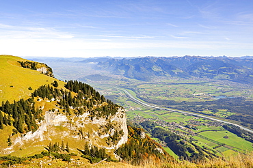 View from Mt. Hoher Kasten over the Lienz Spitz peak in the Rhine Valley, Canton Appenzell Inner Rhodes, Switzerland, Europe