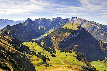 View from Mt. Kamor down to Alp Soll, in the back Lake Saemtisersee between the Appenzell Alps, Canton Appenzell Inner Rhodes, Switzerland, Europe