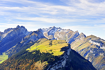 View from Mt. Kamor down over Mt. Alp Sigel to Mt. Saentis in the Appenzell Alps, Appenzell Inner-Rhodes, Switzerland, Europe