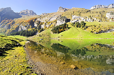 View over Seealp Lake, at 1143 m altitude, Canton of Appenzell Inner-Rhodes, Switzerland, Europe