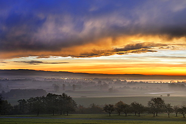 Early morning mood with distinctive Foehn weather over the Radolfzeller Aachried Nature Reserve, on the horizon, Lake Constance, Konstanz district, Baden-Wuerttemberg, Germany, Europe