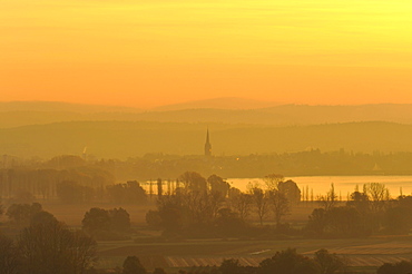 Early morning mood over the Radolfzeller Aachried Nature Reserve, on the horizon, Lake Constance, Konstanz district, Baden-Wuerttemberg, Germany, Europe