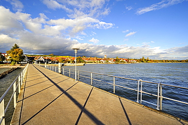 View from the pier towards the shore of the wine village of Hagnau, Lake Constance district, Baden-Wuerttemberg, Germany, Europe