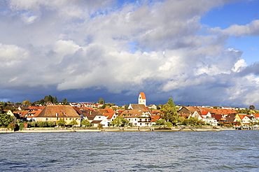 View from the pier towards the shore of the wine village of Hagnau, Lake Constance district, Baden-Wuerttemberg, Germany, Europe