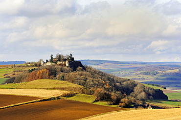 View over the autumn landscape in the Hegau region with the volcano and castle ruins of Maegdeberg, Konstanz district, Baden-Wuerttemberg, Germany, Europe