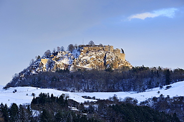 Hohentwiel Hegau volcano seen from the west in the last evening light, Konstanz district, Baden-Wuerttemberg, Germany, Europe