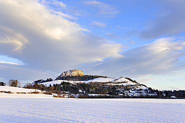 Winter landscape with the Hohentwiel Hegau volcano in the last evening light, Konstanz district, Baden-Wuerttemberg, Germany, Europe