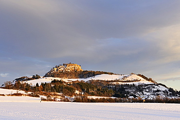 Winter landscape with the Hohentwiel Hegau volcano in the last evening light, Konstanz district, Baden-Wuerttemberg, Germany, Europe