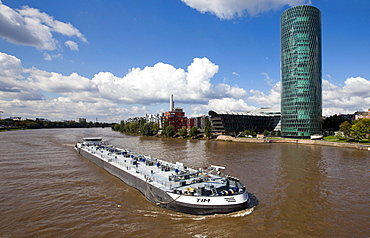 View over the river Main on the Westhafentower of the OFB with the bridge building and the Westhafen Haus building, architects Schneider + Schumacher and OFB project development GmbH, won the German Urban Development Prize in 2004, Westhafenplatz, Frankfu