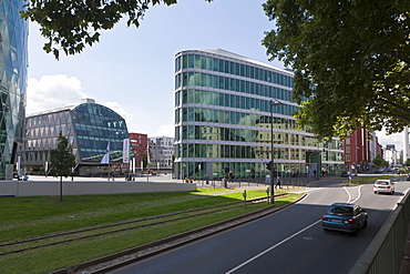 Office buildings beside Westhafen Tower, designed by the architects Schneider + Schumacher and OFB Project Development GmbH, winner of the German Urban Development Prize in 2004, Westhafen Square, Frankfurt am Main, Hesse, Germany, Europe