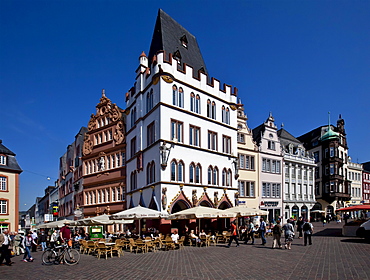 Hauptmarkt square with the Steipe, a former town hall, and Rotes Haus, Red House, Ratskeller, Trier, Rhineland-Palatinate, Germany, Europe