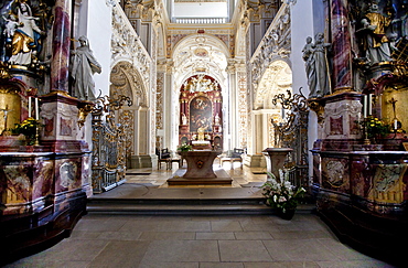 Altar of the Basilica of St. Lorenz, a former Benedictine abbey church of the Prince Abbot of Kempten, today the Parish Church of St. Lorenz, Diocese of Augsburg, Kempten, Lower Allgaeu, Allgaeu, Swabia, Bavaria, Germany, Europe