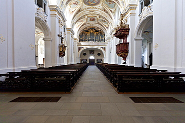 Main organ of the Basilica of St. Lorenz, a former Benedictine abbey church of the Prince Abbot of Kempten, today the Parish Church of St. Lorenz, Diocese of Augsburg, Kempten, Lower Allgaeu, Allgaeu, Swabia, Bavaria, Germany, Europe