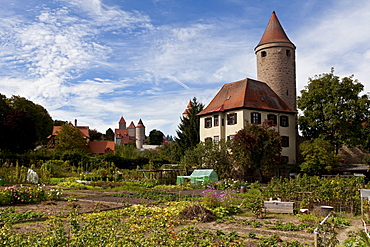 Overlooking the old town with the Hertelsturm and Krugsturm towers, Dinkelsbuehl, Ansbach, Middle Franconia, Bavaria, Germany, Europe