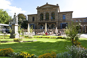 Statue of King Max II of Bavaria in front of the casino, Luitpold Casino, Kurgarten, spa garden, Bad Kissingen, Lower Franconia, Bavaria, Germany, Europe