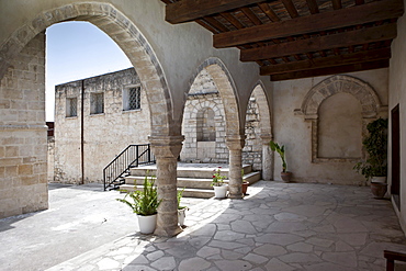 Cloister of the monastery church Timiou Stavro, Omodos, Troodos Mountains, Central Cyprus