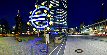 Euro sign in front of the ECB, European Central Bank, Frankfurt am Main, Hesse, Germany, Europe