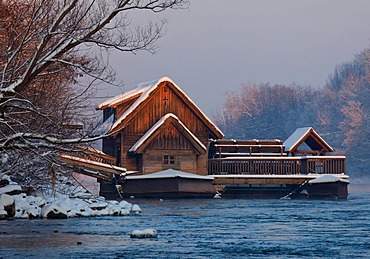 Schiffmuehle mill with snow in evening light, Mureck, Styria, Austria, Europe