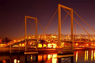 Illuminated flap bridge at night, Lagos, Algarve, Portugal, Europe