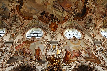 Nave with ceiling frescoes by Matthaeus Guenther, detail, Parish Church of the Nativity of the Virgin, Rococo style 1737-1746, Rottenbuch Abbey, Rottenbuch, Upper Bavaria, Germany, Europe