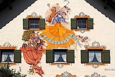 Lueftlmalerei, traditionally painted mural with a sundial on a farmhouse, Rottenbucherstrasse 1, Boebing, Upper Bavaria, Germany, Europe