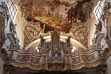 Organ prospect from 1743 in Welfenmuenster, formerly Steingaden Abbey Church, transformation of the nave in the Rococo style in 1740, Welfenstrasse 2, Steingaden, Upper Bavaria, Bavaria, Germany, Europe