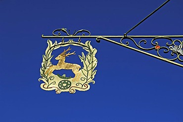 Hanging sign of the Gasthaus zum Hirschen restaurant, Bundesstrasse, Ringsheim, Baden-Wuerttemberg, Germany, Europe