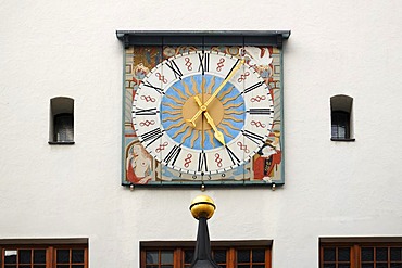 Clock on the west side of the town hall, Kronenstrasse, Isny, Allgaeu, Bavaria, Germany, Europe