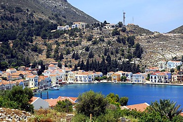 Houses in the bay, town Megisti on Kastelorizo island, Meis, Dodecanese Islands, Aegean, Mediterranean, Greece, Europe