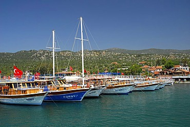 Boats in the harbor, Uecagiz, Kekova Bay, Lycian coast, Antalya Province, Mediterranean, Turkey, Eurasia