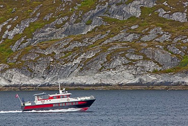 Fast ferry in the fjord landscape of Norway, Soerfoldar, Norway, Scandinavia, Europe