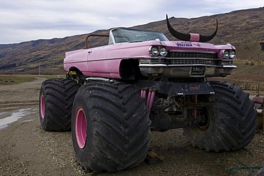 Pink Cadillac Monster Truck with horns, Criffel Range, Otago, South Island, New Zealand