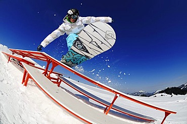 Snowboarder, fun park, ski resort of Reit im Winkl, Chiemgau, Upper Bavaria, Germany, Europe