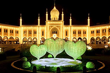 Illuminated hearts, Christmas decoration in front of restaurant Nimb in Tivoli, Copenhagen, Denmark, Europe