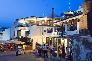 Restaurants at the fishing port at night, Puerto del Carmen, Lanzarote, Canary Islands, Spain, Europe