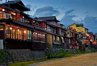 View of Kamogawa river and Pontocho district, Kyoto, Japan, Asia