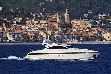 Mangusta 92 motor yacht off Menton, Departement Alpes Maritimes, Region Provence Alpes Cote d'Azur, France, Mediterranean, Europe