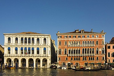 Classicist Palazzo Manin-Dolfin, built in 1538-40 by Jacopo Sansovino, currently used by Bank of Italy, and 15th century Gothic Bembo Palace in San Marco District, Grand Canal, Venice, Veneto, Italy, Europe